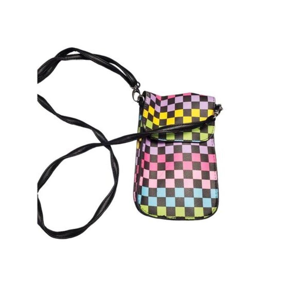Womens Phone Holder Crossbody Bag Multicolor Checkered Adjustable Shoulder Strap